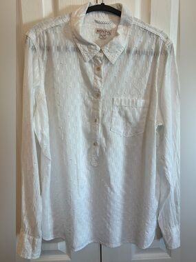 Merona 100% Cotton White Textured Partial Button Blouse Long Sleeve XL